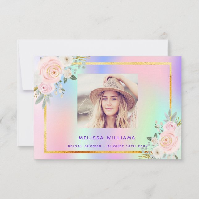 Carte De Remerciements Fête des mariées rose violet photo holographique f (Dos)