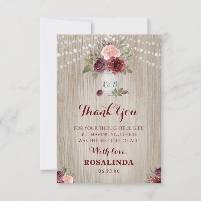 Carte De Remerciements Fête des mariées rustique Rouge Floral Arrière - p (Devant)