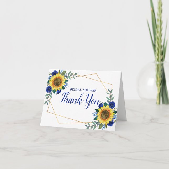 Carte De Remerciements Fête des mariées tournesol géométrique bleu floral (Devant)