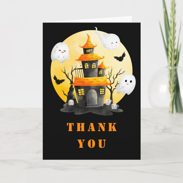 Carte De Remerciements Fête d'Halloween avec Maison hantée et Fantômes (Devant)