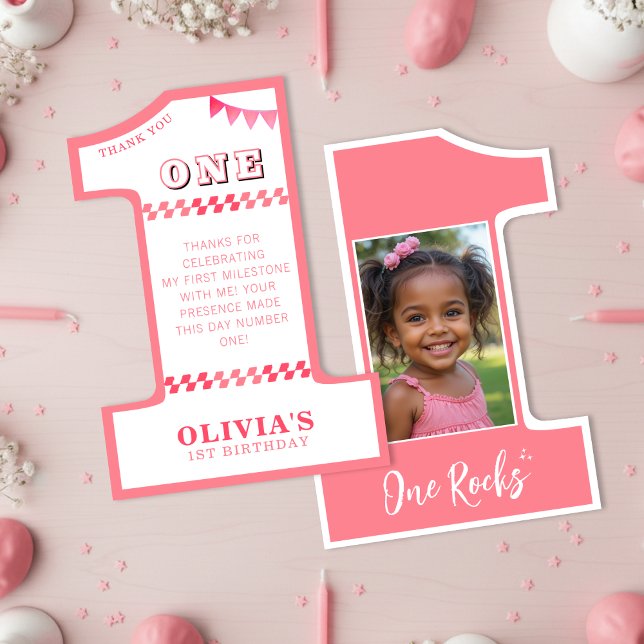 Carte De Remerciements Fête du 1er anniversaire Fille Rose Une photo (1st Birthday Party Girls Pink One Photo Thank You Card
)