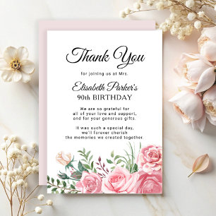 Carte De Remerciements Fête élégante de 90 ans avec fleurs roses