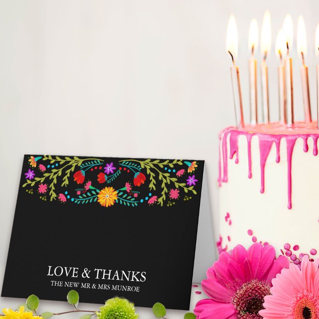 Carte De Remerciements Fête Mexicaine Fleurs Noir Personnalisé (Thank you card from my Mexican Fiesta Floral collection. Message me to create co-ordinating items.
)