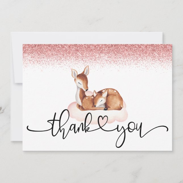 Carte De Remerciements Fête Prénatale Bébé Faon Aquarelle Rose Paillettes (Devant)