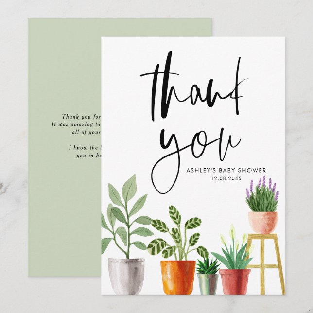 Carte De Remerciements Fête Prénatale Plantes en Pot Aquarelle Bohème (Devant / Derrière)