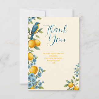 Carte De Remerciements Fête prénuptiale rustique au citron et oiseau bleu