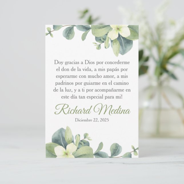 Carte De Remerciements Feuille élégant et vert mignon en espagnol (Debout devant)
