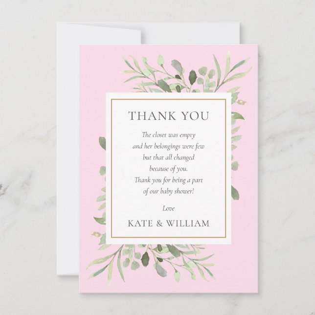 Carte De Remerciements Feuille vert rose bébé fille douche poème (Devant)