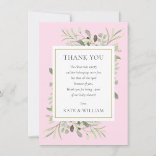 Carte De Remerciements Feuille vert rose bébé fille douche poème