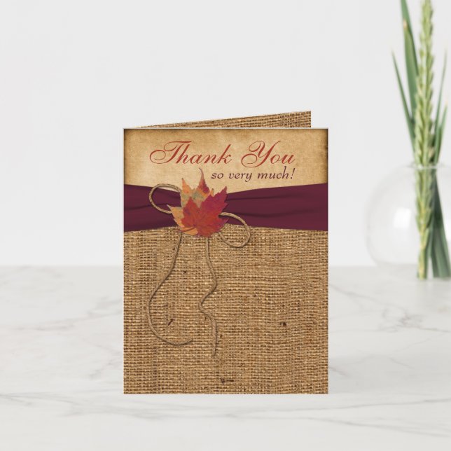 Carte De Remerciements Feuilles d'automne, FAUX Burlap PHOTO OPTIONNELLE  (Devant)