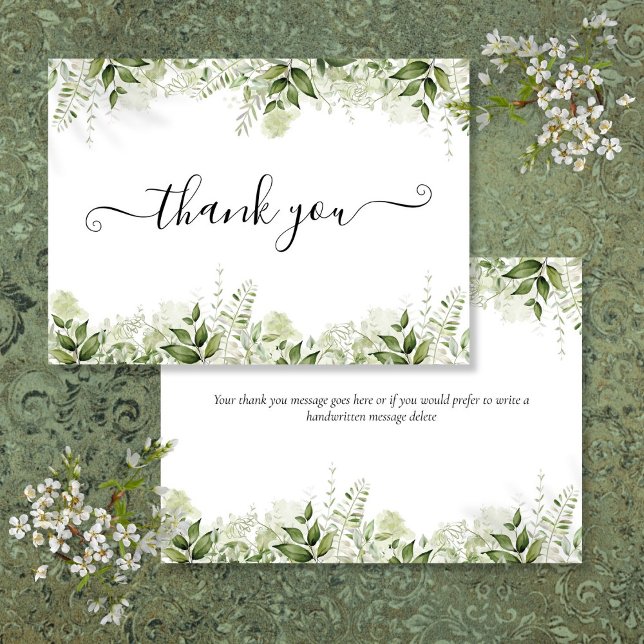 Carte De Remerciements Feuilles de verdure Écriture élégante (Greenery Leaves Elegant Script Thank You Card)