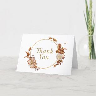 Carte De Remerciements Feuilles et fleurs d'automne Gold Round Wreath