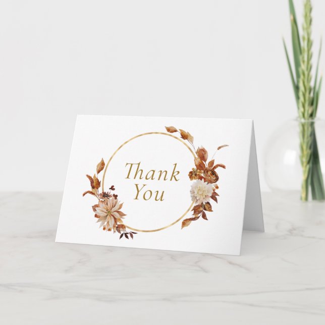 Carte De Remerciements Feuilles et fleurs d'automne Gold Round Wreath (Devant)