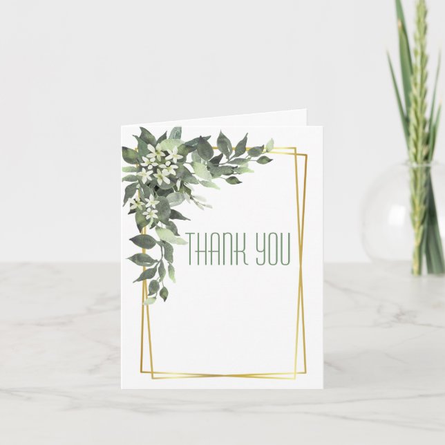 Carte De Remerciements Feuilles verts poussiéreux avec fleurs blanches (Devant)