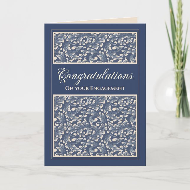 Carte De Remerciements Fiançailles Félicitations Damask Blue Card (Devant)