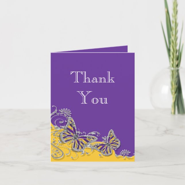 Carte De Remerciements Fiançailles jaune pourpre de mariage de papillon (Devant)