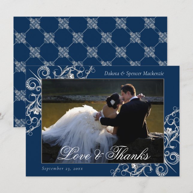 Carte De Remerciements Filigree Art déco | Marine Silver Photo Love et (Devant / Derrière)