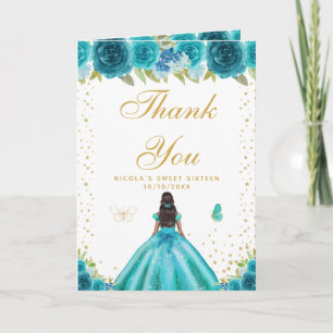Carte De Remerciements Fille à peau noire Floral sarcelle Sweet Sixteen
