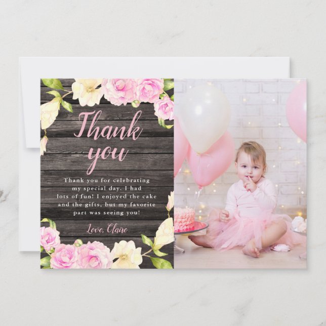 Carte De Remerciements Fille Anniversaire Fleur Rose Rustique Photo Perso (Devant)