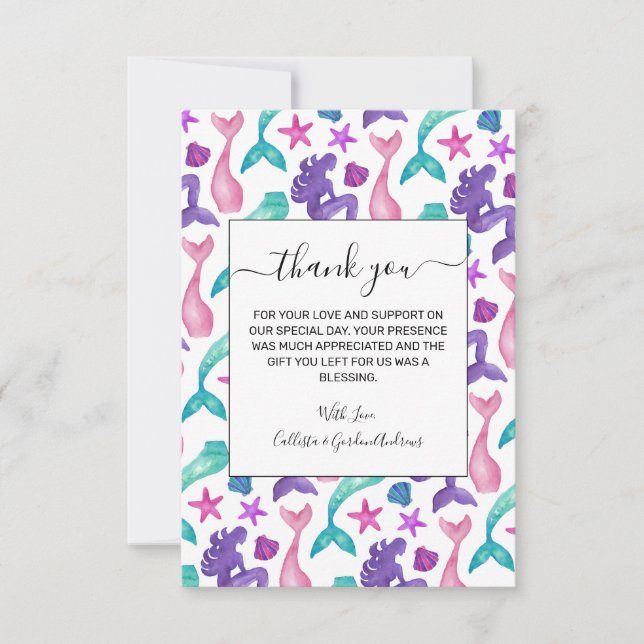 Carte De Remerciements Fille Aquarelle Mermaids Contes Coquillages Motif (Devant)