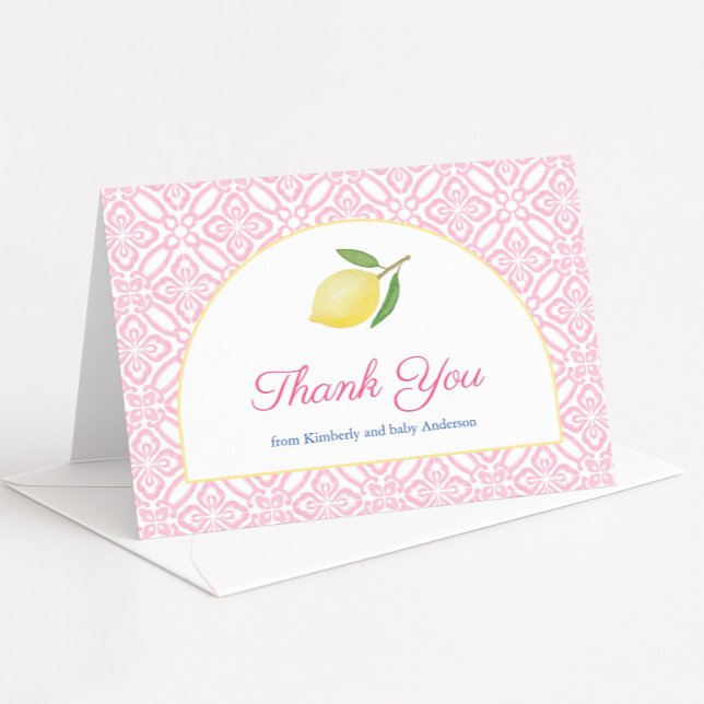 Carte De Remerciements Fille Arch Positano Baby shower citron rose (Pretty pink baby girl shower thank you card design featuring vintage tile print, modern arch & lemon)
