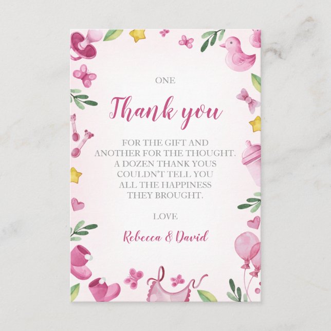 Carte de remerciements fille baby shower | Rose |  (Devant)