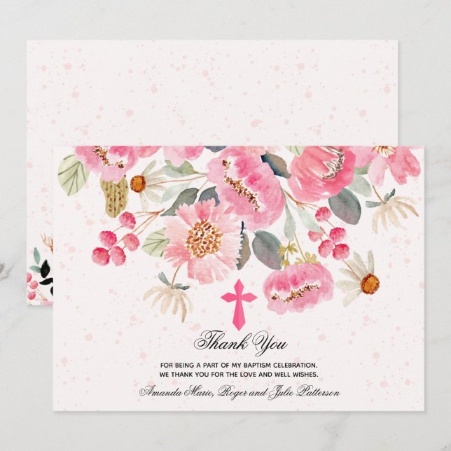 Carte De Remerciements Fille Baptême Aquarelle rose Floral (Devant / Derrière)