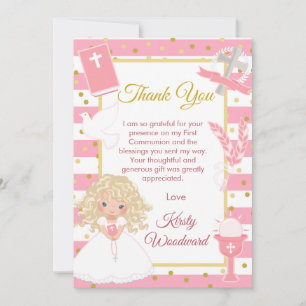 Carte De Remerciements Fille Blonde Pink Stripe Première Sainte Communion