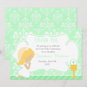 Carte De Remerciements Fille blonde première communion damas