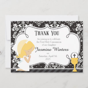 Carte De Remerciements Fille blonde Première communion Damas