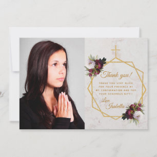 Carte De Remerciements Fille Confirmation Bourgogne Peony Gold Cross Marb