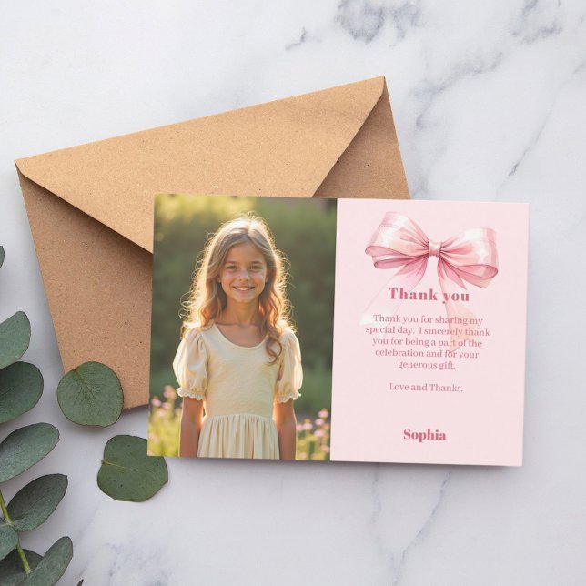 Carte De Remerciements Fille de photo rose d'anniversaire noeud (Créateur téléchargé)