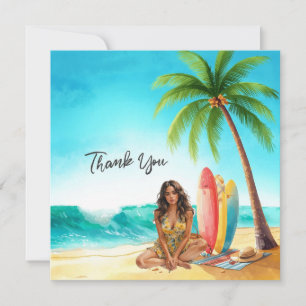 Carte De Remerciements Fille d'Hawaii avec planche de surf sur la plage