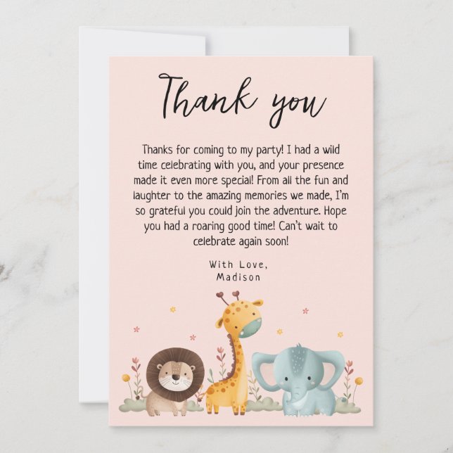 Carte De Remerciements Fille Fête Animaux sauvages Anniversaire (Devant)