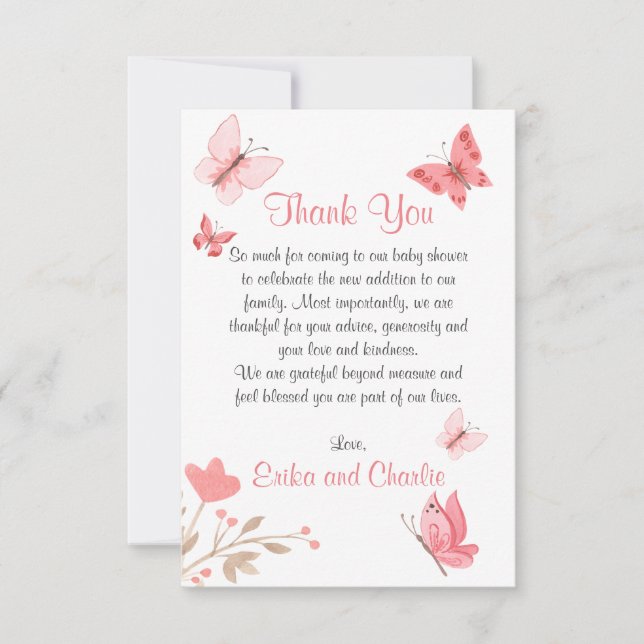 Carte De Remerciements Fille mignonne Baby shower de papillons rose flora (Devant)