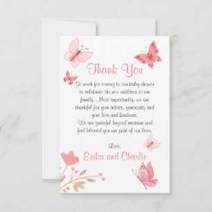Carte De Remerciements Fille mignonne Baby shower de papillons rose flora