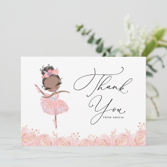 Carte De Remerciements Fille noire Ballerina en Robe rose Anniversaire (Debout devant)