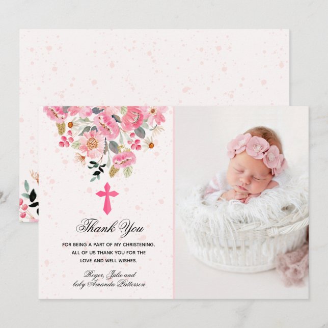Carte De Remerciements Fille Photo Christening Aquarelle rose Floral (Devant / Derrière)