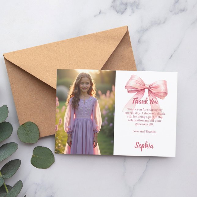 Carte De Remerciements Fille photo d'anniversaire ruban rose blanc (Créateur téléchargé)