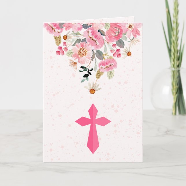Carte De Remerciements Fille première communion aquarelle rose floral pli (Devant)
