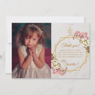 Carte De Remerciements Fille Première Communion Gold Croix Marbre Pink Or