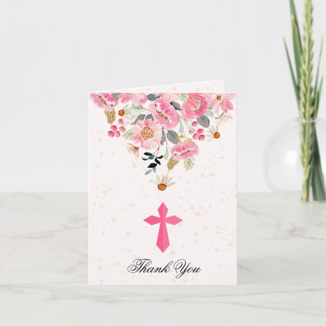 Carte De Remerciements Fille Première Communion Rose Floral Plié (Devant)