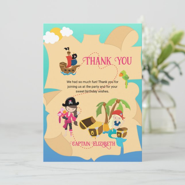 Carte De Remerciements Fille Sirène Pirate Rose Cute Personnalisée (Debout devant)