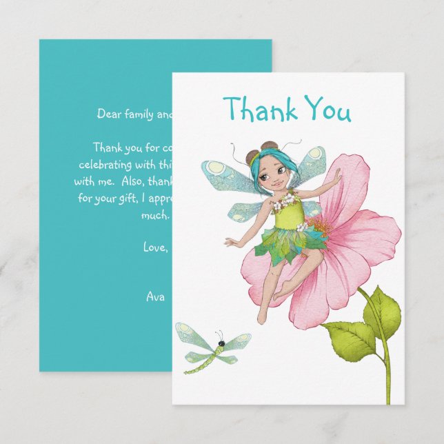Carte De Remerciements Fille Turquoise Rose Vert (Devant / Derrière)