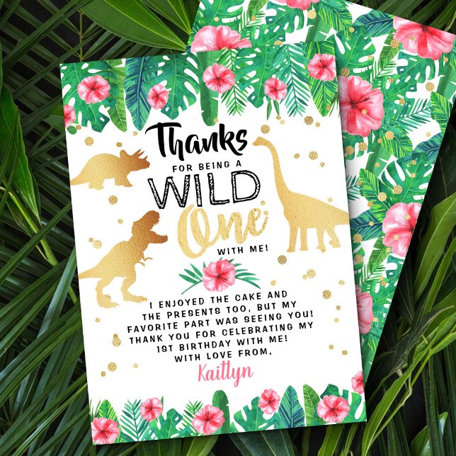 Carte De Remerciements Filles Dinosaures Sauvages Premier anniversaire (Créateur téléchargé)