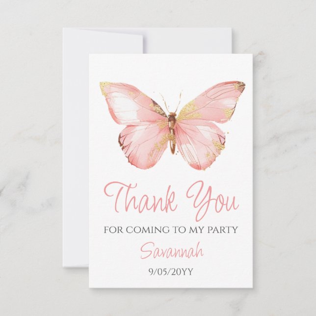 Carte De Remerciements Filles mignonne Papillon rose pâle 1er anniversair (Devant)