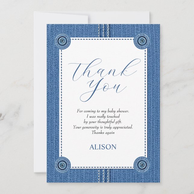 Carte De Remerciements Fils bleu avec coutures et boutons bébé garçon dou (Devant)
