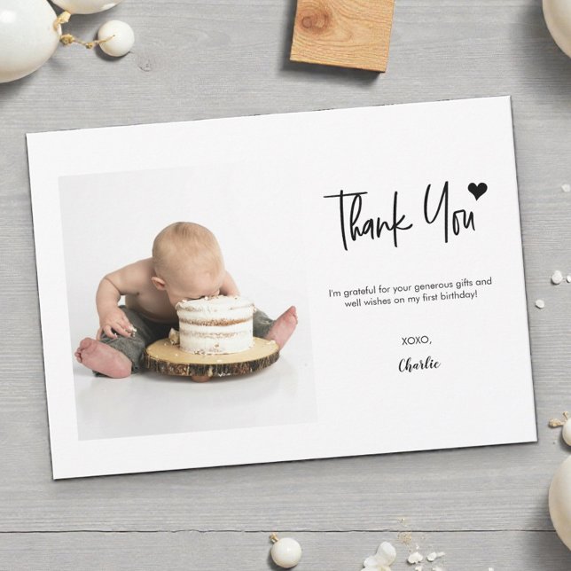 Carte De Remerciements First Birthday Custom Photo Modern handlettering  (Photo first birthday thank you for coming to my party card templates.)