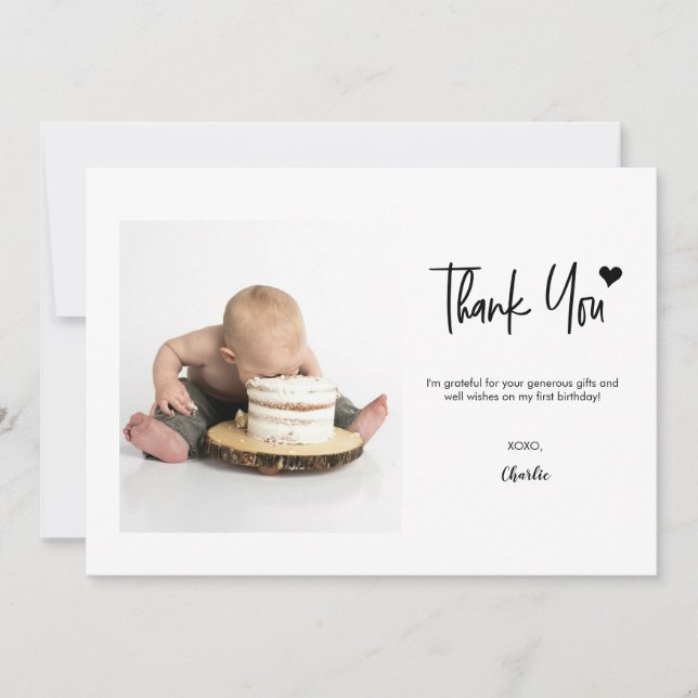 Carte De Remerciements First Birthday Custom Photo Modern handlettering  (Devant)