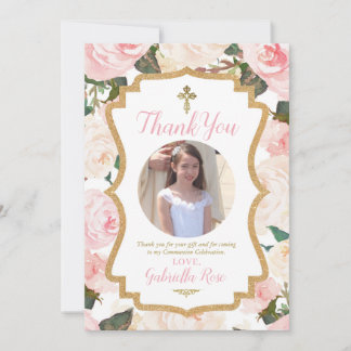 Carte De Remerciements First Communion or Baptism Floral Pink 